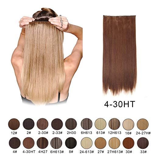 BARSDAR 24" Straight 3/4 Full Head One Piece 5 clips in on Synthetic Hair Extensions Hair pieces for Women - 4/30# Dark Brown mix Auburn Evenly BARSDAR 24" Straight 3/4 Full Head One Piece 5 clips in on Synthetic Hair Extensions Hair pieces for Women - 4/30# Dark Brown mix Auburn Evenly