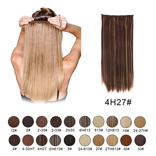 BARSDAR 24" Straight 3/4 Full Head One Piece 5 clips in on Synthetic Hair Extensions Hair pieces for Women - 4H27# Dark Brown mix Strawberry Blonde Evenly BARSDAR 24" Straight 3/4 Full Head One Piece 5 clips in on Synthetic Hair Extensions Hair pieces for Women - 4H27# Dark Brown mix Strawberry Blonde Evenly