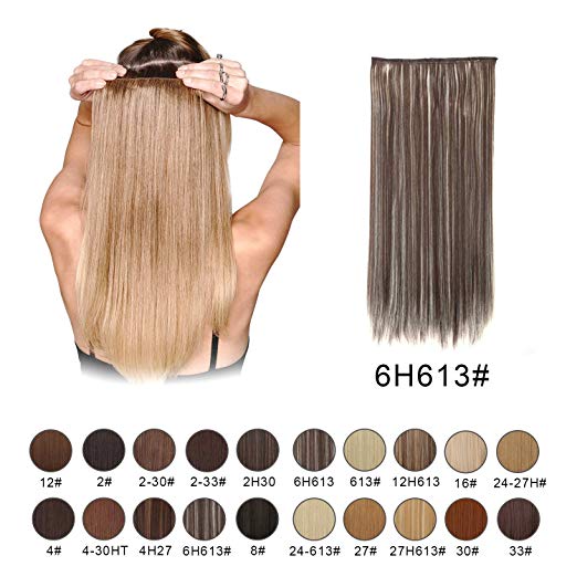 BARSDAR 24" Straight 3/4 Full Head One Piece 5 clips in on Synthetic Hair Extensions Hair pieces for Women - 6H613# Medium Brown mix Bleach Blonde Unevenly BARSDAR 24" Straight 3/4 Full Head One Piece 5 clips in on Synthetic Hair Extensions Hair pieces for Women - 6H613# Medium Brown mix Bleach Blonde Unevenly