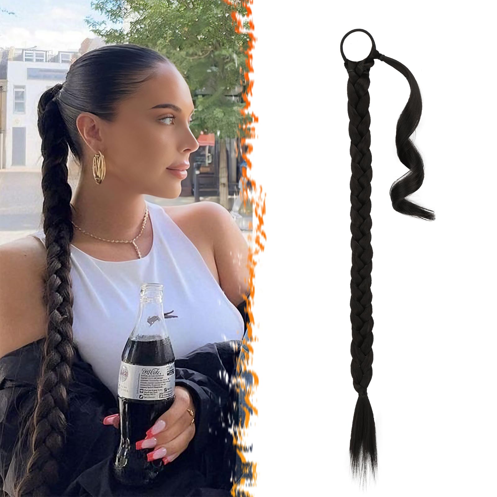 26 Inch Long Braided Ponytail Extension with Hair Tie - Straight Sleek Wrap Around Black Braid Ponytail Hair Extensions - Synthetic Braid Pony Tails Hairpieces for Women - Natural Black 26 Inch Long Braided Ponytail Extension with Hair Tie - Straight Sleek Wrap Around Black Braid Ponytail Hair Extensions - Synthetic Braid Pony Tails Hairpieces for Women - Natural Black