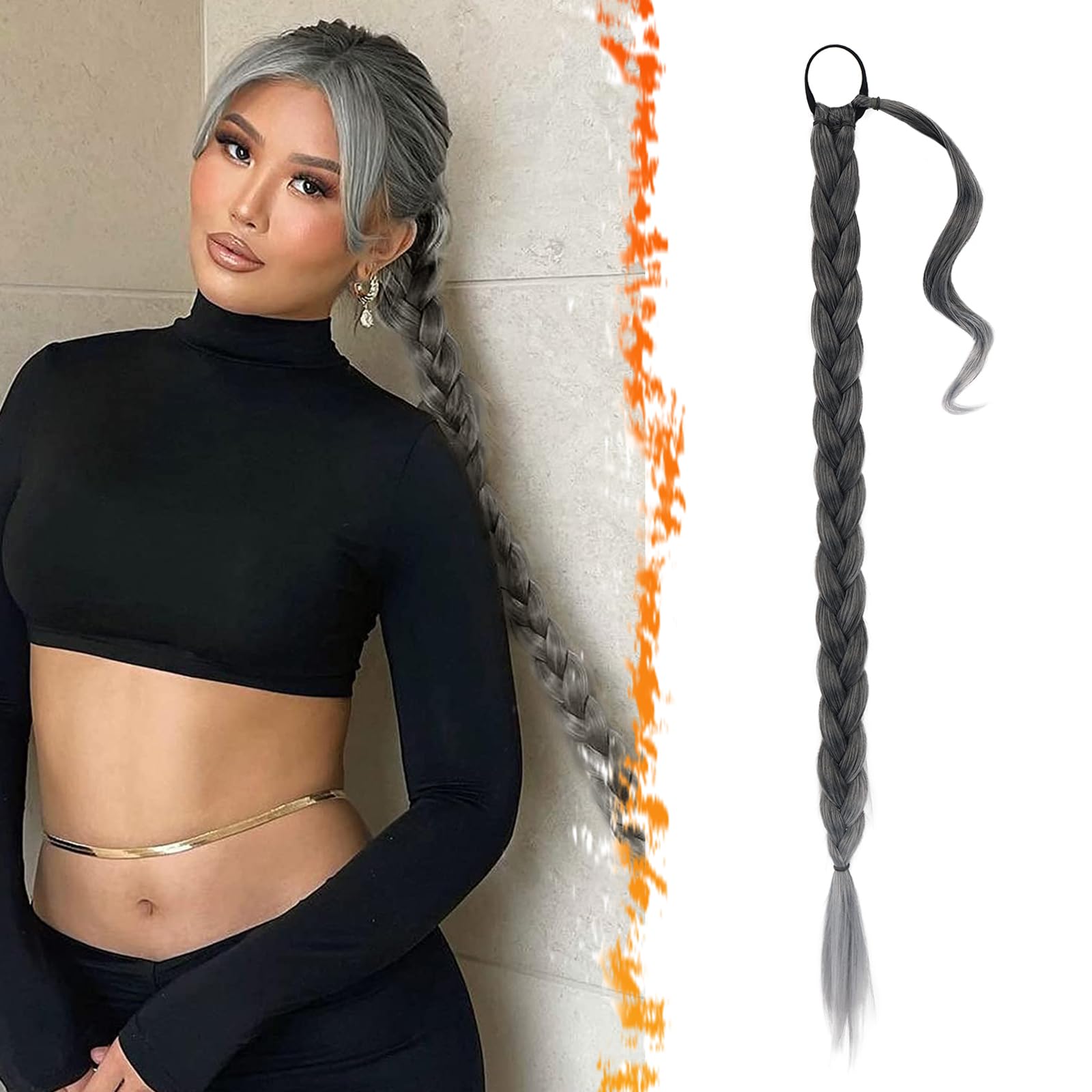 34 Inch Long Gray Braid Ponytail Extension - Wrap Around Gray Braided Ponytail Extensions with Hair Tie - Straight Sleek Soft Synthetic Grey Braid Pony Tails Hairpieces for Women, Ombre Grey 34 Inch Long Gray Braid Ponytail Extension - Wrap Around Gray Braided Ponytail Extensions with Hair Tie - Straight Sleek Soft Synthetic Grey Braid Pony Tails Hairpieces for Women, Ombre Grey