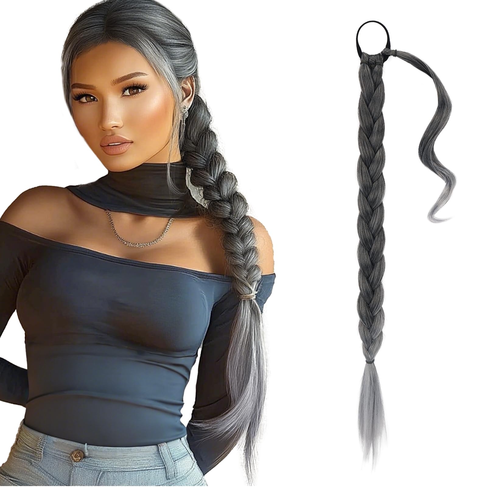 26 Inch Long Braided Ponytail Extension with Hair Tie - Straight Sleek Wrap Around Ombre Grey Braided Ponytail Hair Extensions - Synthetic Pony Tails Hairpieces for Women - Black Ombre Grey 26 Inch Long Braided Ponytail Extension with Hair Tie - Straight Sleek Wrap Around Ombre Grey Braided Ponytail Hair Extensions - Synthetic Pony Tails Hairpieces for Women - Black Ombre Grey
