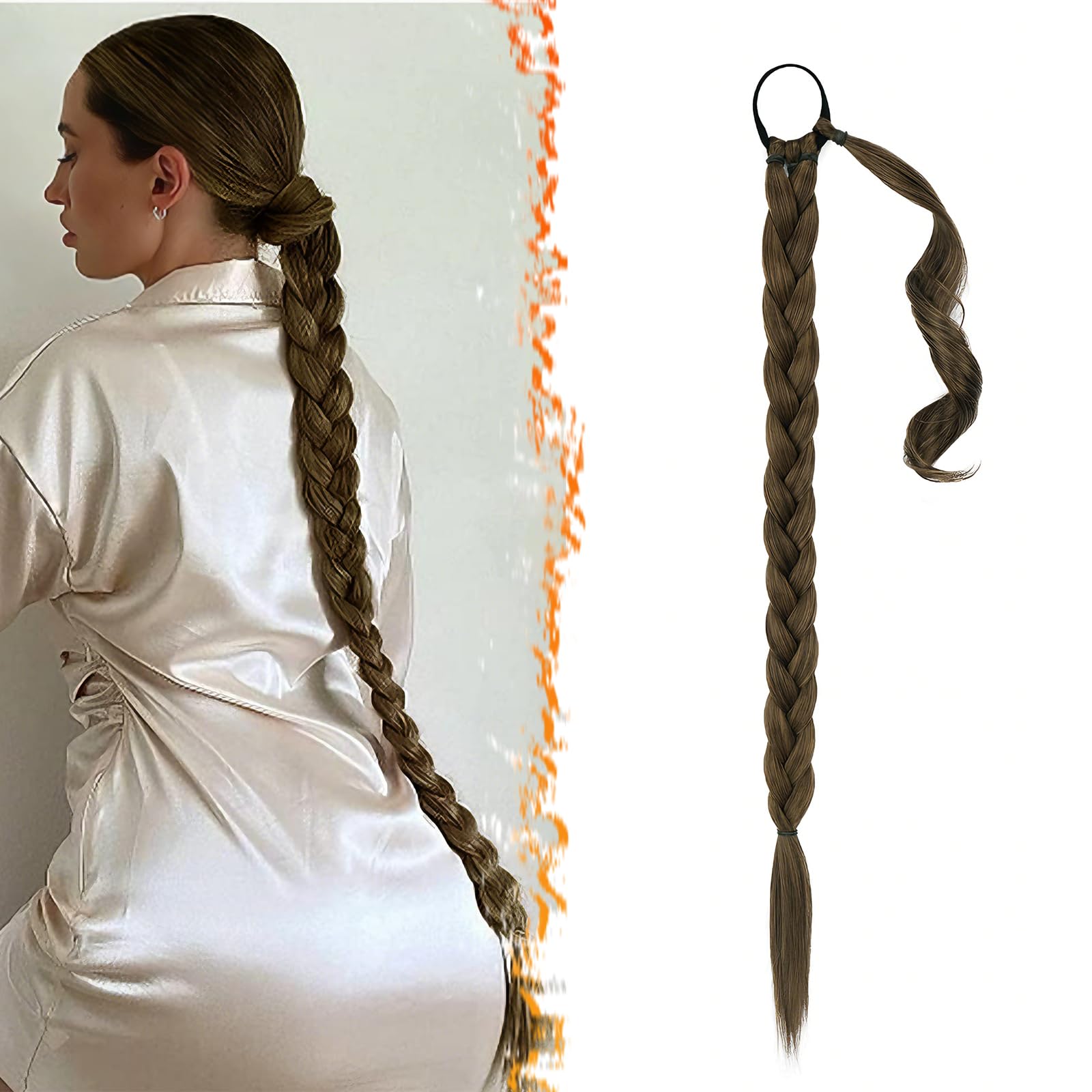 26 Inch Long Braided Ponytail Extension with Hair Tie - Straight Sleek Wrap Around Brown Braided Ponytail Hair Extensions- Synthetic Pony Tails Hairpieces for Women - Chestnut Brown Mixed 26 Inch Long Braided Ponytail Extension with Hair Tie - Straight Sleek Wrap Around Brown Braided Ponytail Hair Extensions- Synthetic Pony Tails Hairpieces for Women - Chestnut Brown Mixed