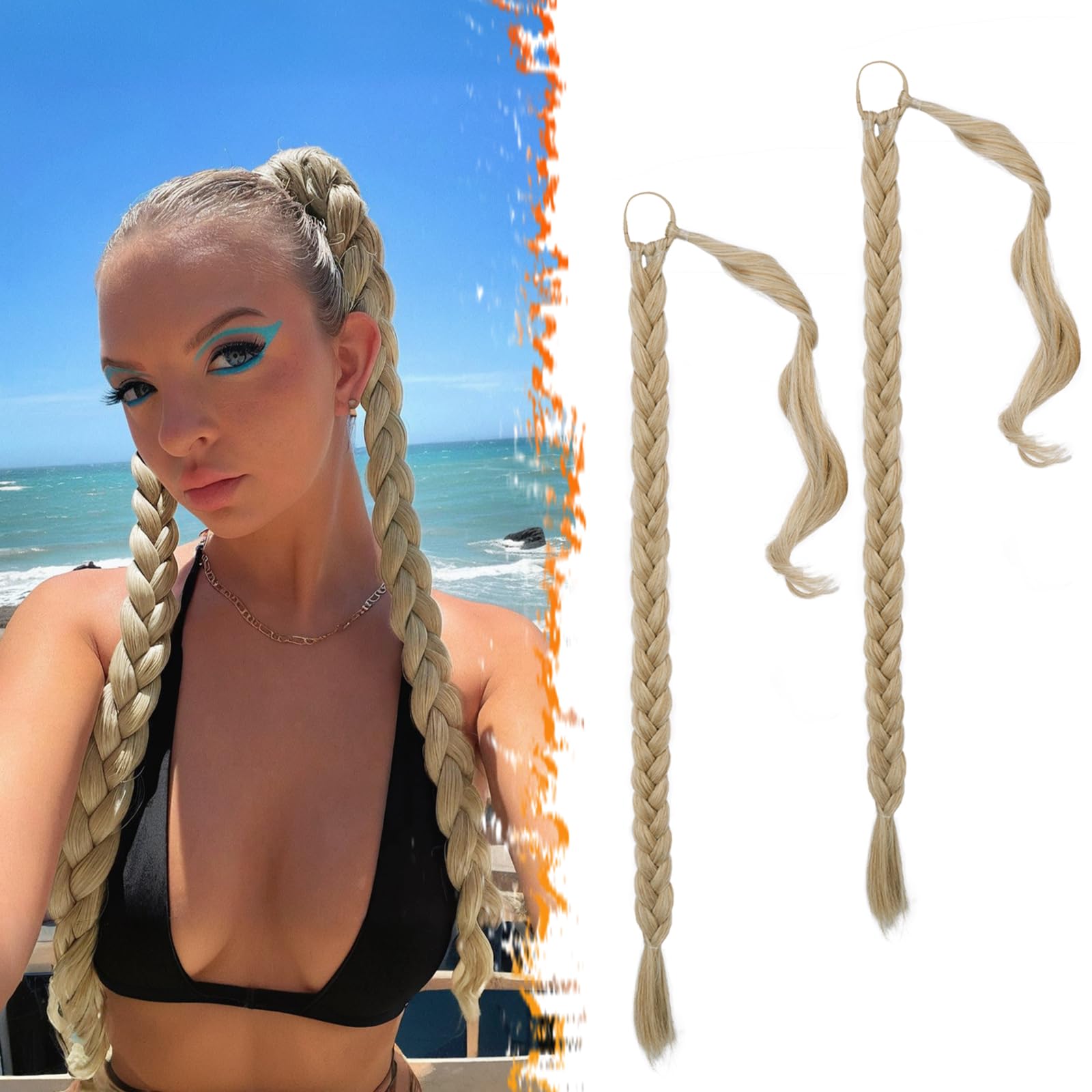 2PCs 30 Inch Long Braided Ponytail Extension - Sleek Wrap Around Blonde Braid Ponytail Hair Extensions with Hair Tie - Synthetic Pony Tails Hairpieces for Women - Blonde Mixed 2PCs 30 Inch Long Braided Ponytail Extension - Sleek Wrap Around Blonde Braid Ponytail Hair Extensions with Hair Tie - Synthetic Pony Tails Hairpieces for Women - Blonde Mixed