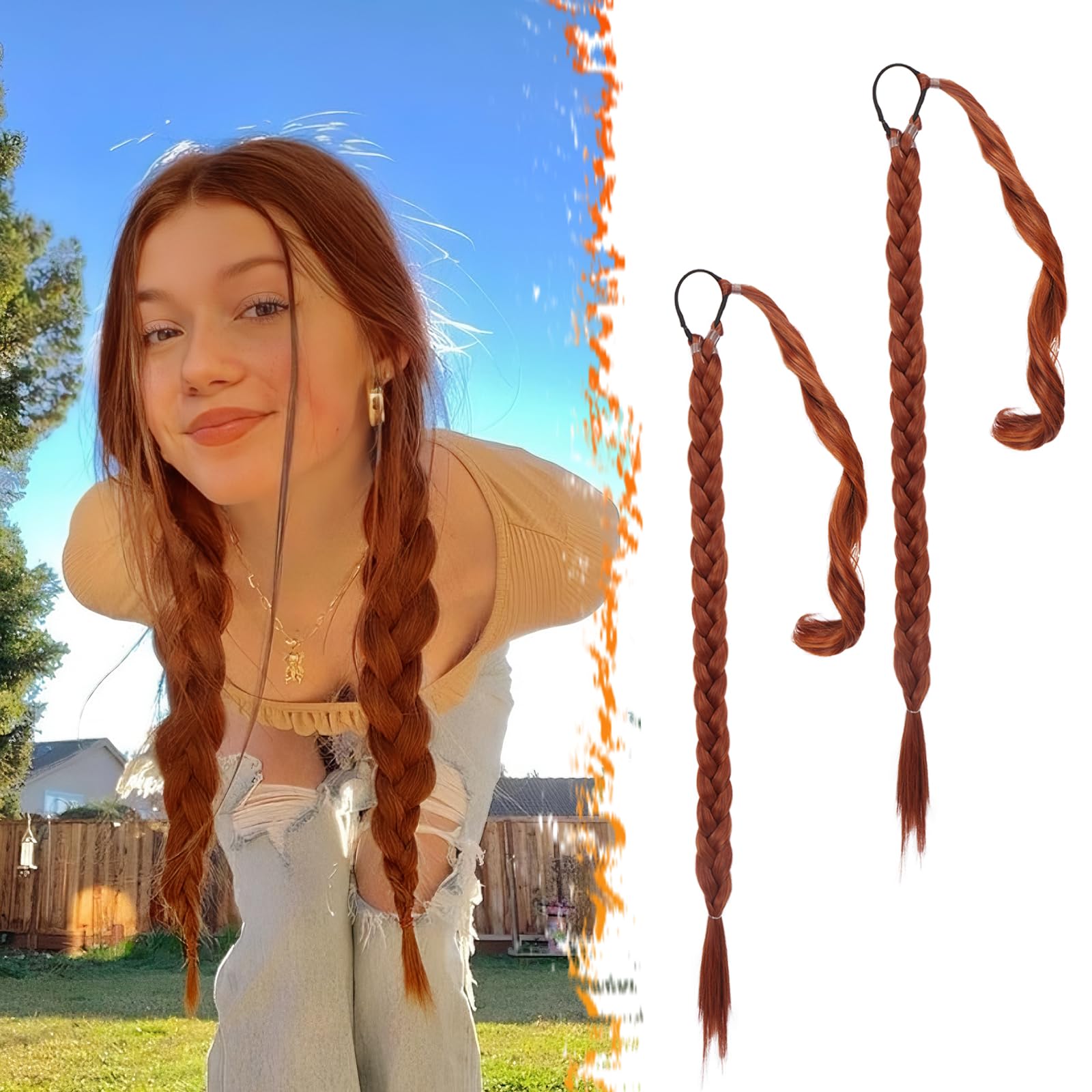 2PCs 30 Inch Long Braided Ponytail Extension - Sleek Wrap Around Copper Red Braid Ponytail Hair Extensions with Hair Tie - Synthetic Pony Tails Hairpieces for Women - Copper Red 2PCs 30 Inch Long Braided Ponytail Extension - Sleek Wrap Around Copper Red Braid Ponytail Hair Extensions with Hair Tie - Synthetic Pony Tails Hairpieces for Women - Copper Red